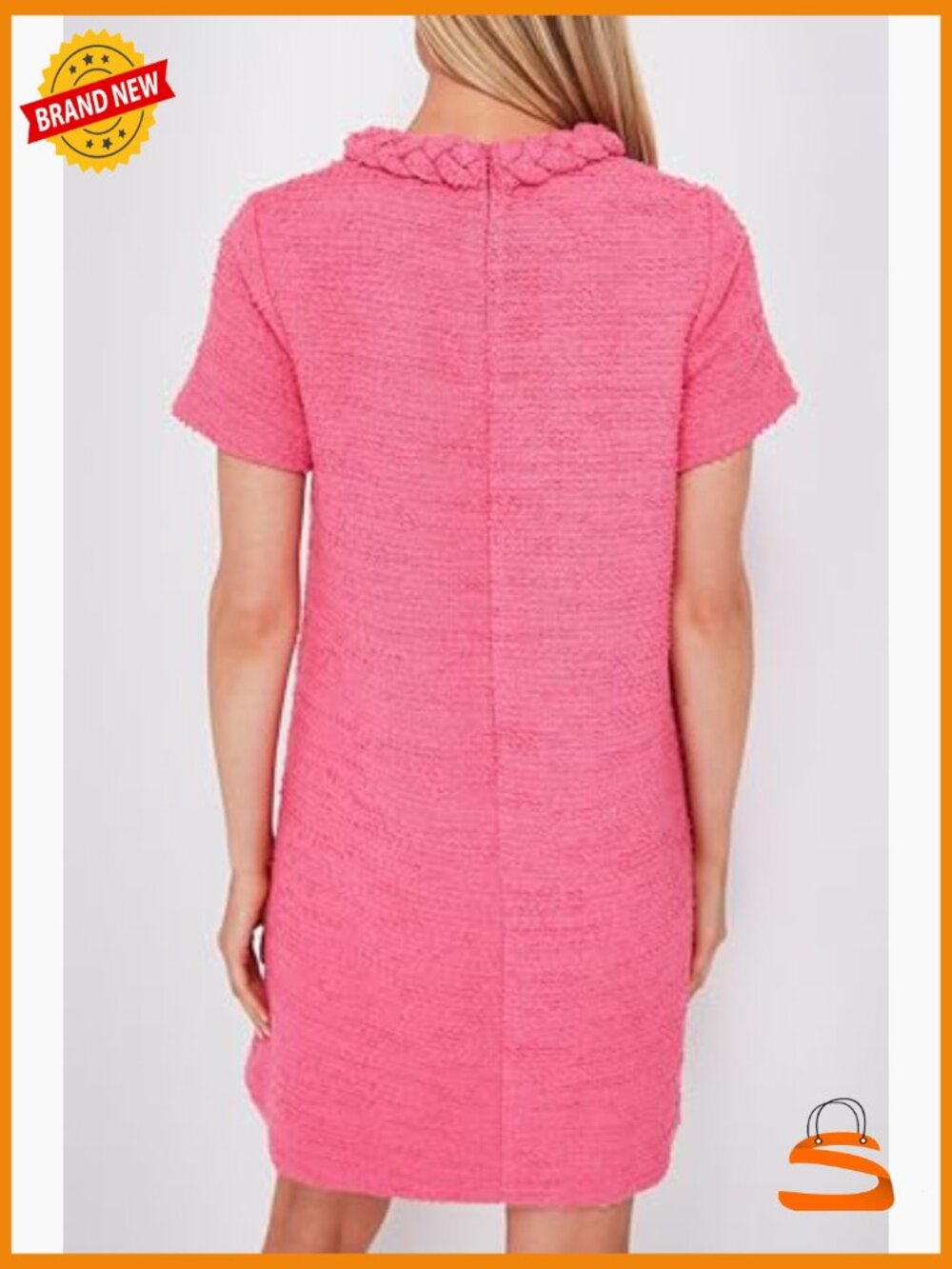Tweed Jackie Dress - Short Sleeve, Crew Neck, Button Detail Bodycon Mini - Picture 6 of 7